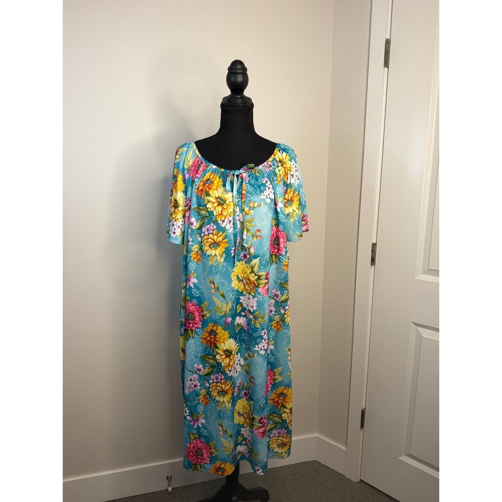 Granada New York Floral Muumuu House Dress Turquoise Sunflower XL Loungewear